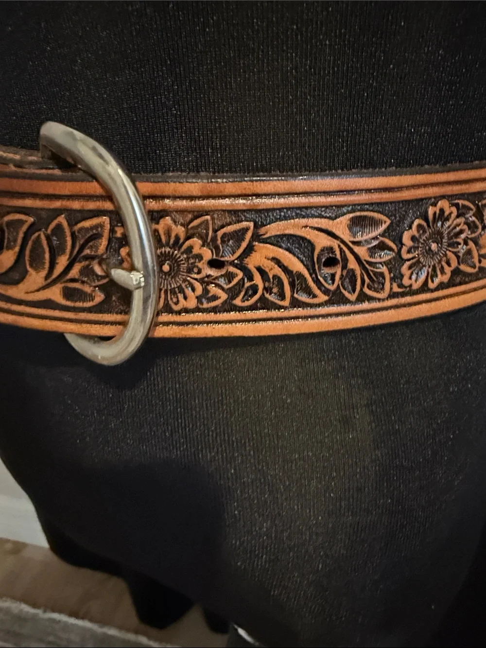Western Tooled Floral Leather Belt in Tan with Silver Buckle